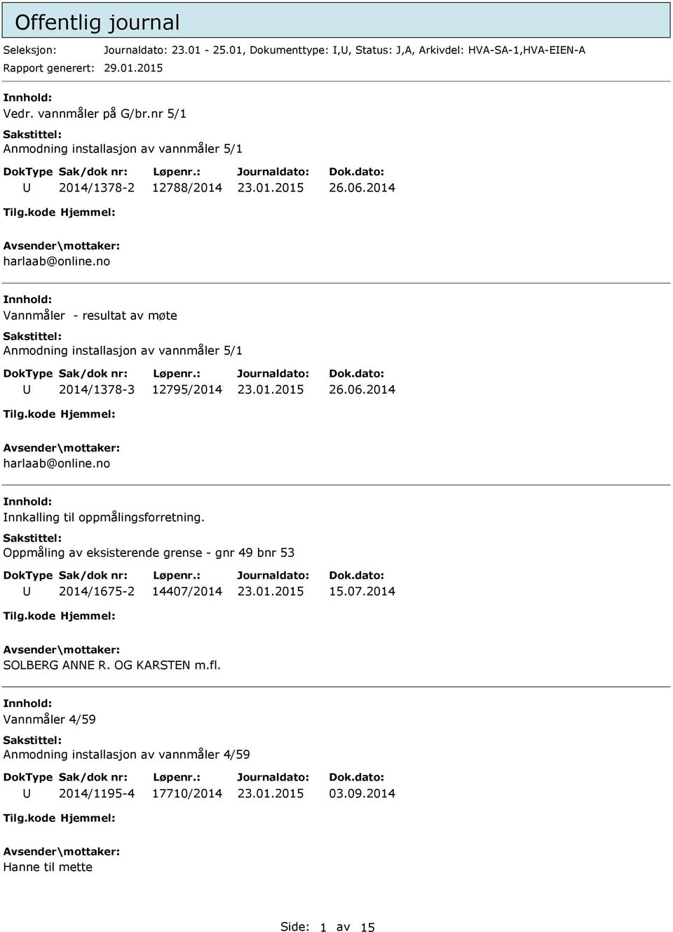 no Vannmåler - resultat av møte Anmodning installasjon av vannmåler 5/1 2014/1378-3 12795/2014 26.06.2014 harlaab@online.no nnkalling til oppmålingsforretning.