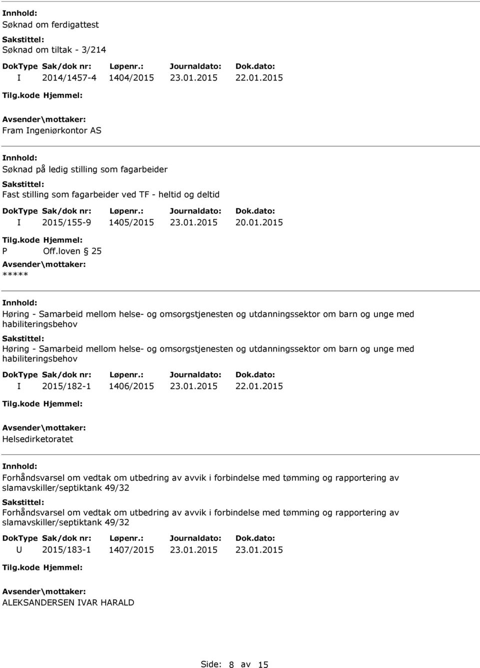 og utdanningssektor om barn og unge med habiliteringsbehov 2015/182-1 1406/2015 Helsedirketoratet Forhåndsvarsel om vedtak om utbedring av avvik i forbindelse med tømming og rapportering av