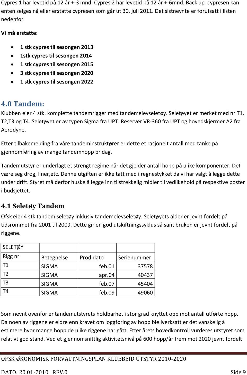 til sesongen 2022 4.0 Tandem: Klubben eier 4 stk. komplette tandemrigger med tandemelevseletøy. Seletøyet er merket med nr T1, T2,T3 og T4. Seletøyet er av typen Sigma fra UPT.