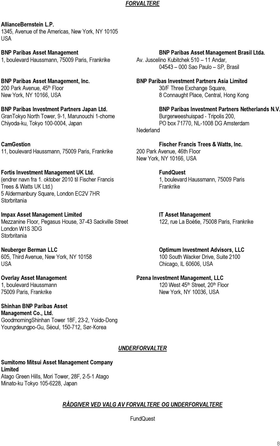 BNP Paribas Investment Partners Asia Limited 200 Park Avenue, 45 th Floor 30/F Three Exchange Square, New York, NY 10166, USA 8 Connaught Place, Central, Hong Kong BNP Paribas Investment Partners