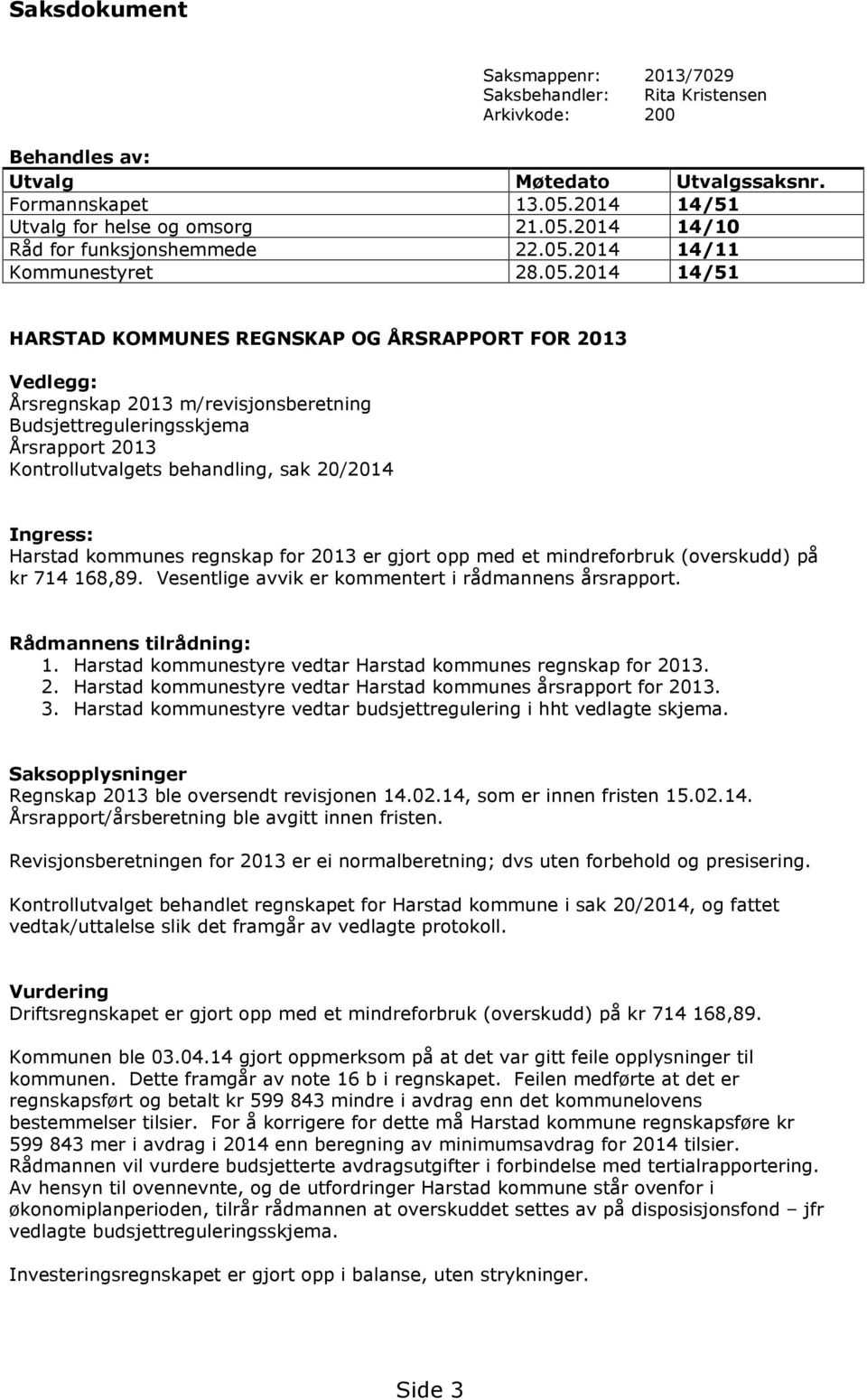 Kontrollutvalgets behandling, sak 20/2014 Ingress: Harstad kommunes regnskap for 2013 er gjort opp med et mindreforbruk (overskudd) på kr 714 168,89.