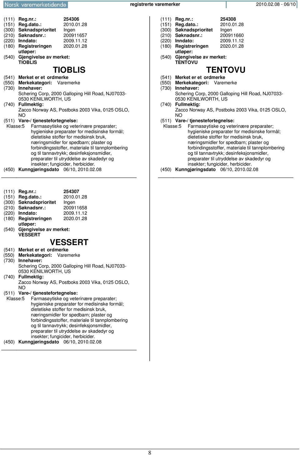 .01.28 (210) Søknadsnr.: 200911657 (220) Inndato: 2009.11.12 (180) Registreringen 2020.01.28 TIOBLIS TIOBLIS Schering Corp, 2000 Galloping Hill Road, NJ07033-0530 KENILWORTH, US Zacco Norway AS,