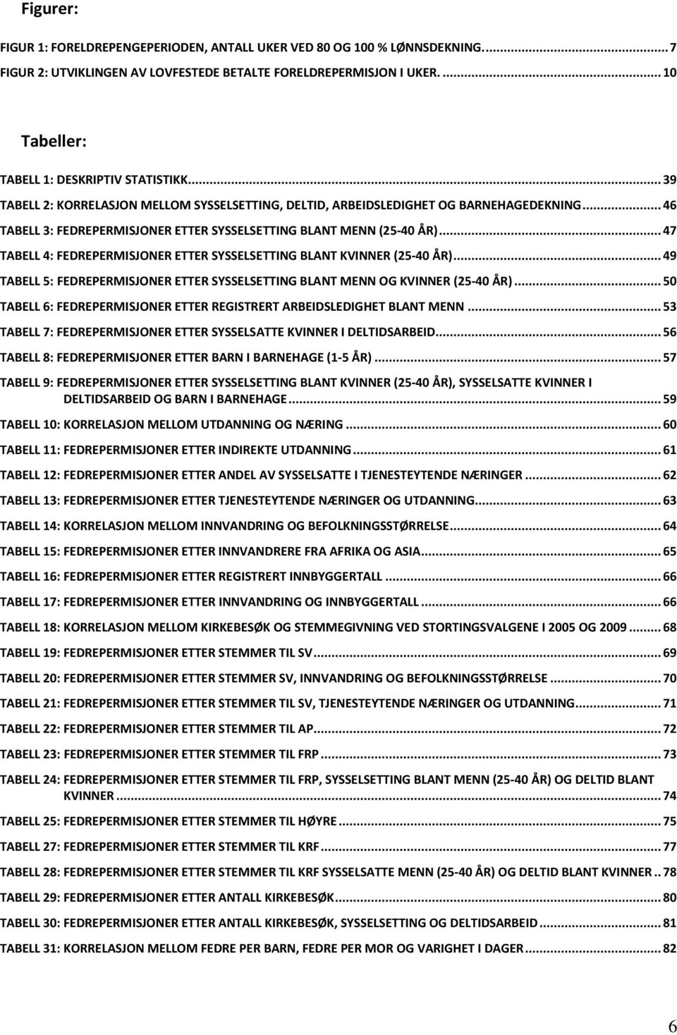 .. 46 TABELL 3: FEDREPERMISJONER ETTER SYSSELSETTING BLANT MENN (25-40 ÅR)... 47 TABELL 4: FEDREPERMISJONER ETTER SYSSELSETTING BLANT KVINNER (25-40 ÅR).