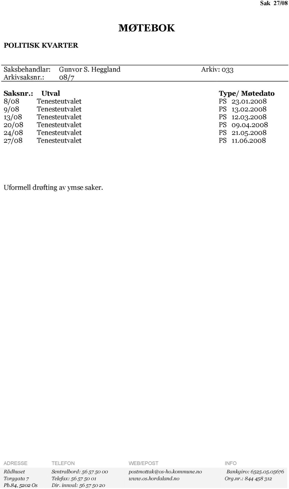 2008 20/08 Tenesteutvalet PS 09.04.2008 24/08 Tenesteutvalet PS 21.05.2008 27/08 Tenesteutvalet PS 11.06.2008 Uformell drøfting av ymse saker.