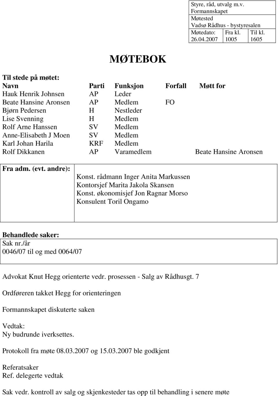 Hanssen SV Medlem Anne-Elisabeth J Moen SV Medlem Karl Johan Harila KRF Medlem Rolf Dikkanen AP Varamedlem Beate Hansine Aronsen Fra adm. (evt. andre): Konst.