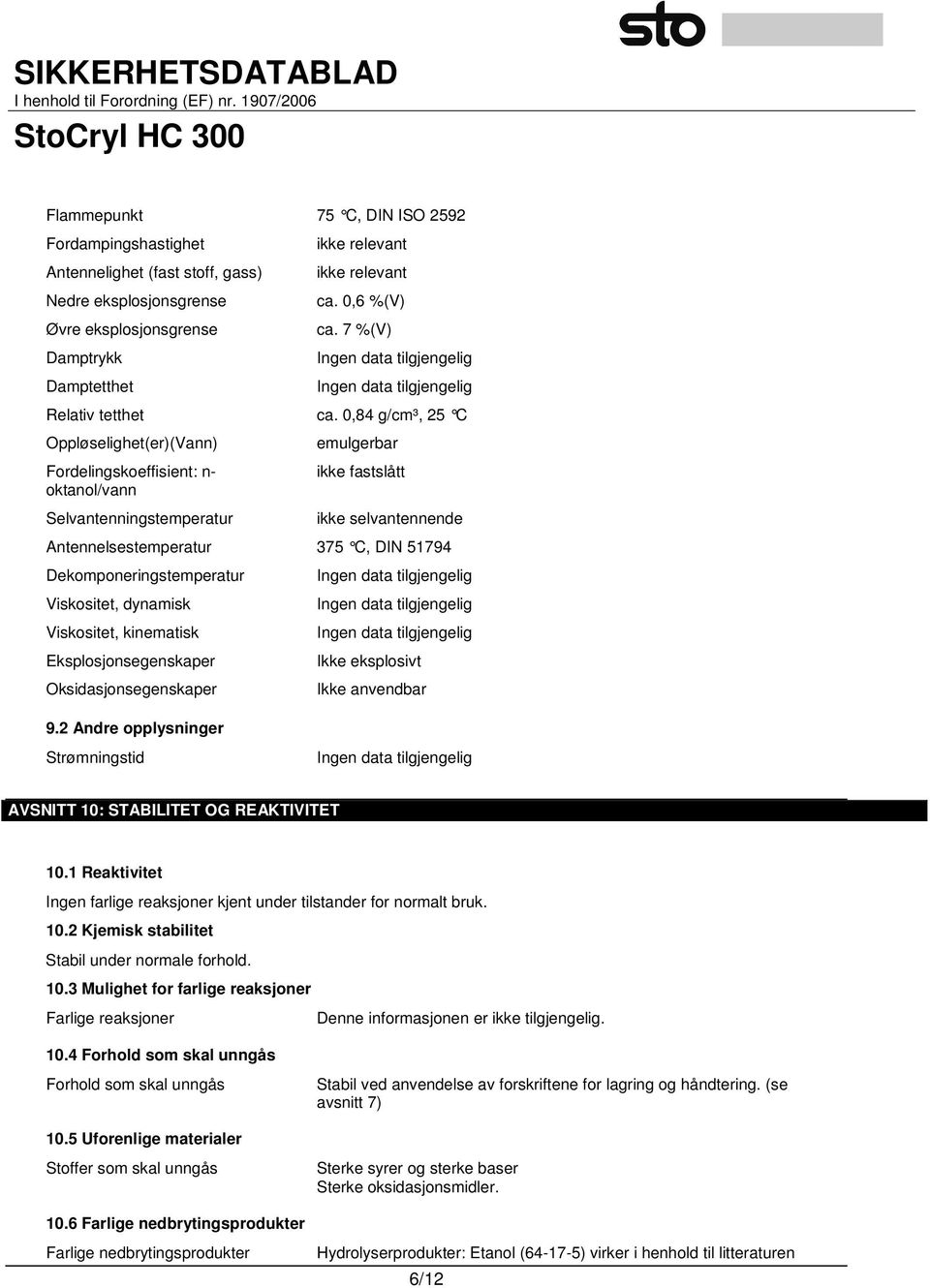 0,84 g/cm³, 25 C Oppløselighet(er)(Vann) Fordelingskoeffisient: n- oktanol/vann Selvantenningstemperatur emulgerbar ikke fastslått ikke selvantennende Antennelsestemperatur 375 C, DIN 51794