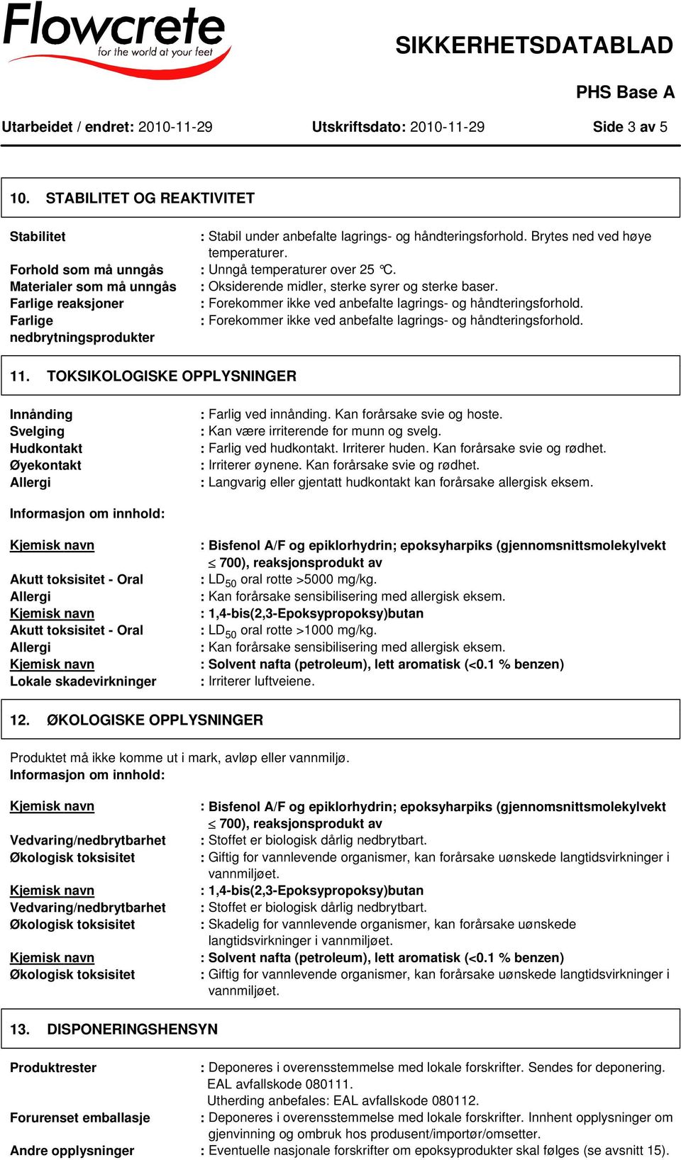 Farlige reaksjoner : Forekommer ikke ved anbefalte lagrings- og håndteringsforhold. Farlige : Forekommer ikke ved anbefalte lagrings- og håndteringsforhold. nedbrytningsprodukter 11.