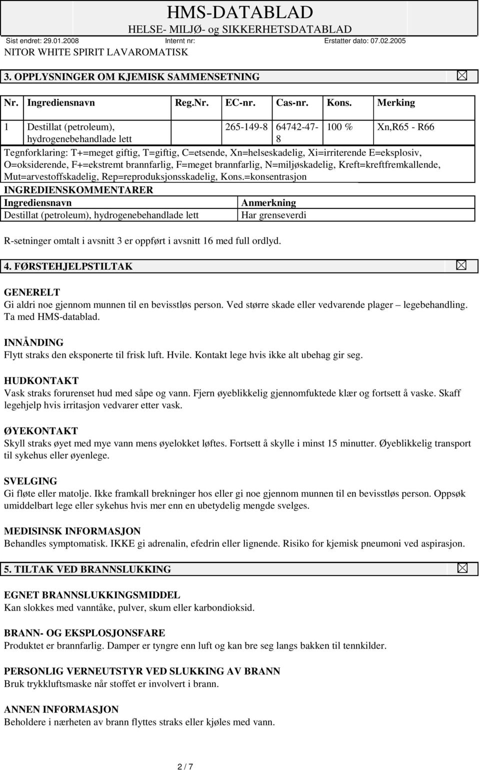 O=oksiderende, F+=ekstremt brannfarlig, F=meget brannfarlig, N=miljøskadelig, Kreft=kreftfremkallende, Mut=arvestoffskadelig, Rep=reproduksjonsskadelig, Kons.