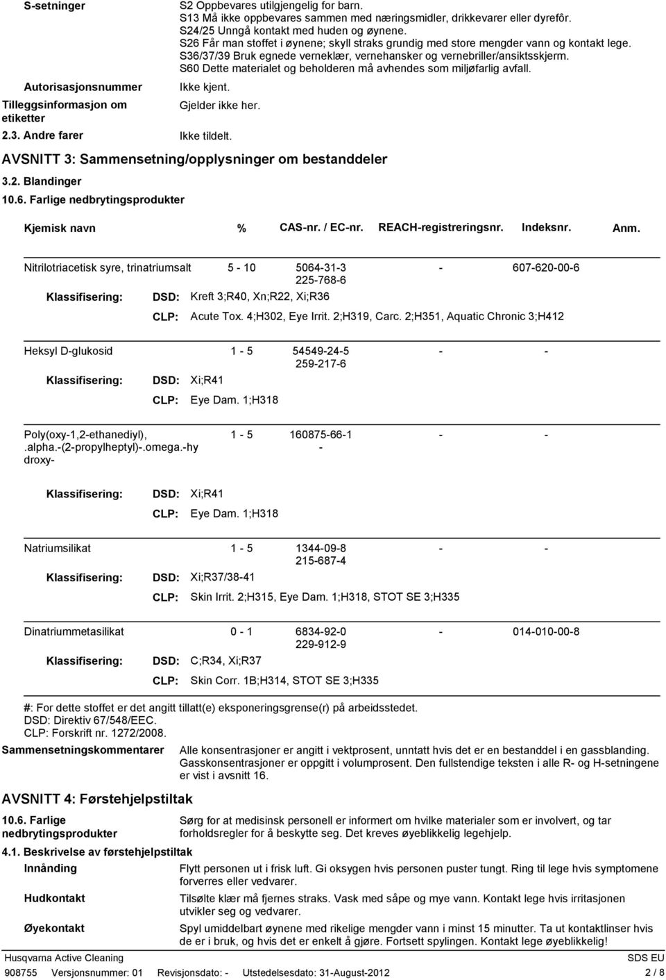 S36/37/39 Bruk egnede verneklær, vernehansker og vernebriller/ansiktsskjerm. S60 Dette materialet og beholderen må avhendes som miljøfarlig avfall. Gjelder ikke her. 2.3. Andre farer Ikke tildelt.