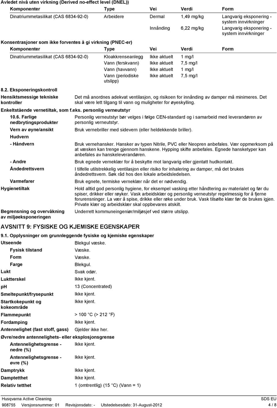 Kloakkrenseanlegg Ikke aktuelt 1 mg/l Vann (ferskvann) Ikke aktuelt 7,5 mg/l Vann (havvann) Ikke aktuelt 1 mg/l Vann (periodiske utslipp) Ikke aktuelt 7,5 mg/l 8.2.