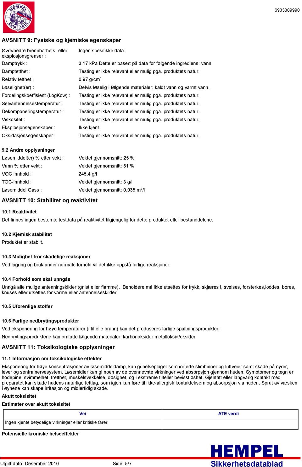 97 g/cm 3 Delvis løselig i følgende materialer: kaldt vann og varmt vann. Ikke kjent. 9.