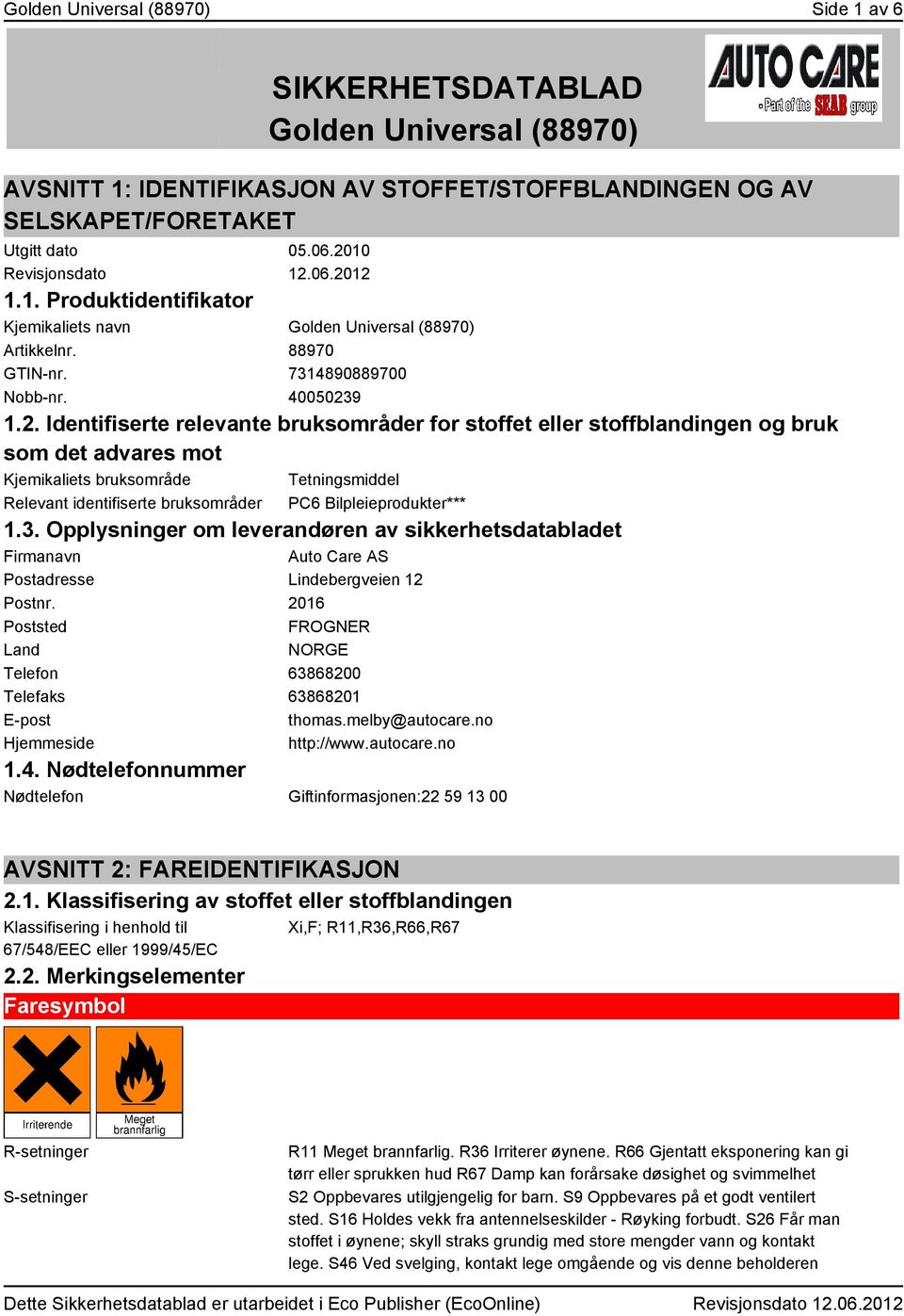 stoffblandingen og bruk som det advares mot Kjemikaliets bruksområde Tetningsmiddel Relevant identifiserte bruksområder PC6 Bilpleieprodukter*** 1.3.