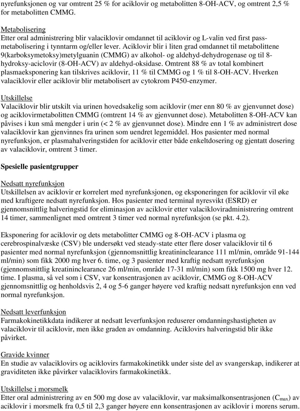 Aciklovir blir i liten grad omdannet til metabolittene 9(karboksymetoksy)metylguanin (CMMG) av alkohol- og aldehyd-dehydrogenase og til 8- hydroksy-aciclovir (8-OH-ACV) av aldehyd-oksidase.