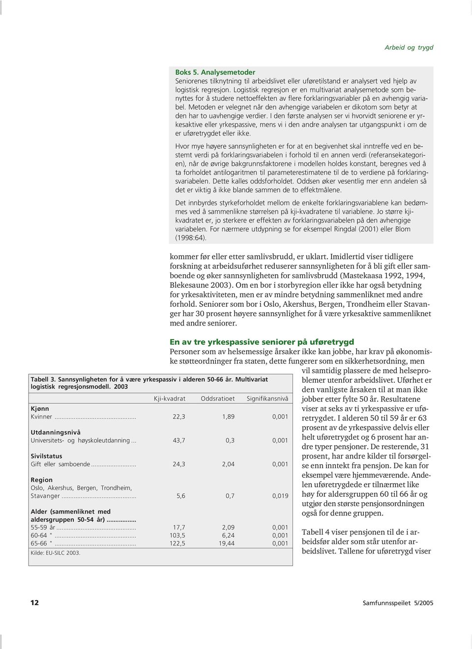 .. 5,6 0,7 0,019 Alder (sammenliknet med aldersgruppen 50-54 år)... 55-59 år... 17,7 2,09 0,001 60-64 "... 103,5 6,24 0,001 65-66 "... 122,5 19,44 0,001 Kilde: EU-SILC 2003. Boks 5.