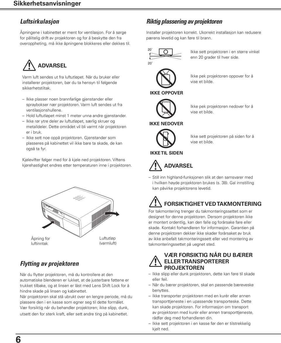 Når du bruker eller installerer projektoren, bør du ta hensyn til følgende sikkerhetstiltak. Ikke plasser noen brannfarlige gjenstander eller spraybokser nær projektoren.