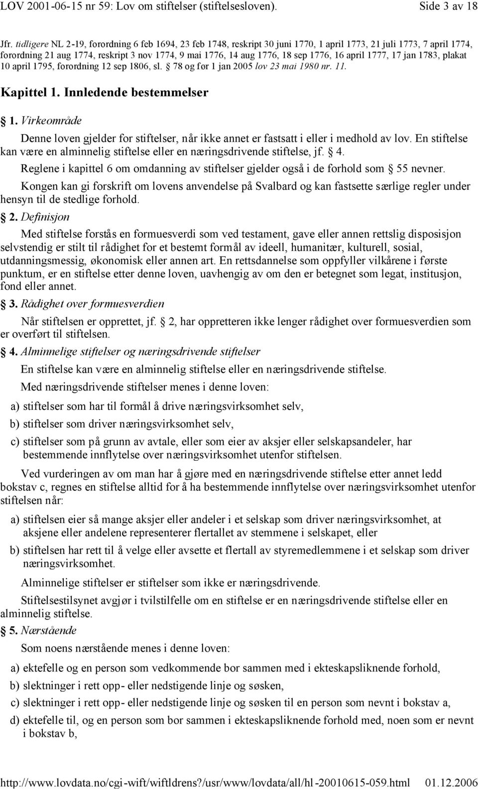 1776, 16 april 1777, 17 jan 1783, plakat 10 april 1795, forordning 12 sep 1806, sl. 78 og før 1 jan 2005 lov 23 mai 1980 nr. 11. Kapittel 1. Innledende bestemmelser 1.