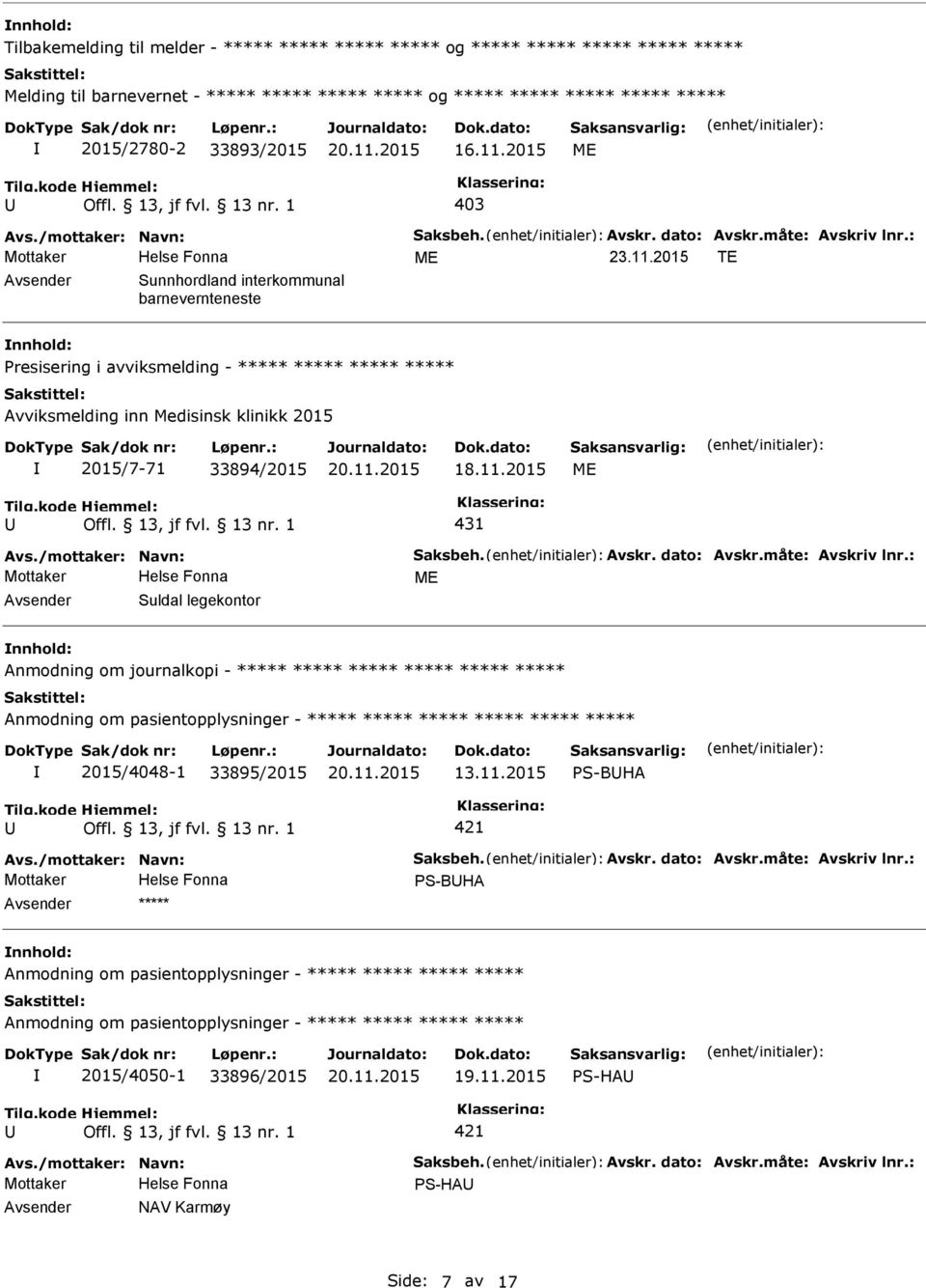 2015 TE Sunnhordland interkommunal barnevernteneste resisering i avviksmelding - ***** ***** ***** ***** Avviksmelding inn Medisinsk klinikk 2015 2015/7-71 33894/2015 18.11.2015 431 Avs.