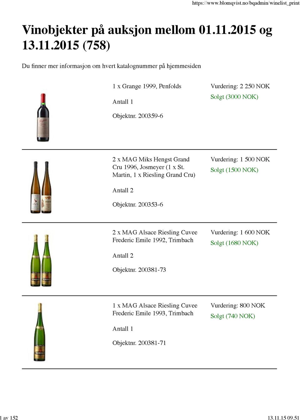 2015 (758) Du finner mer informasjon om hvert katalognummer på hjemmesiden 1 x Grange 1999, Penfolds Vurdering: 2 250 NOK Solgt (3000 NOK) Objektnr.