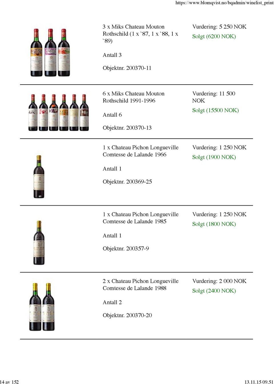 200370-13 1 x Chateau Pichon Longueville Comtesse de Lalande 1966 Vurdering: 1 250 NOK Solgt (1900 NOK) Objektnr.