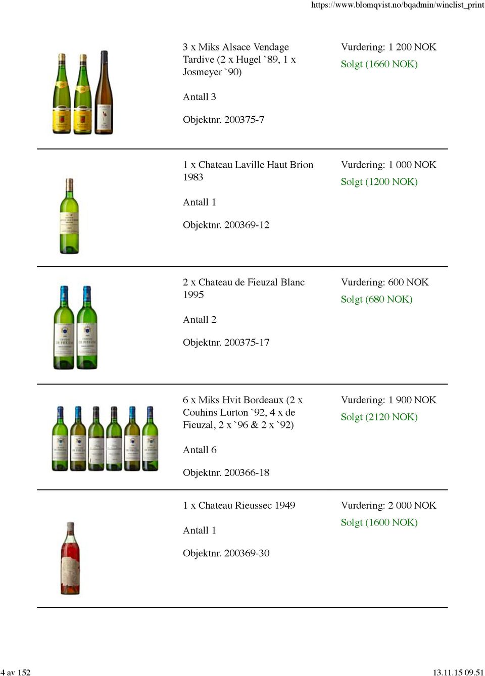 200369-12 2 x Chateau de Fieuzal Blanc 1995 Vurdering: 600 NOK Solgt (680 NOK) Objektnr.