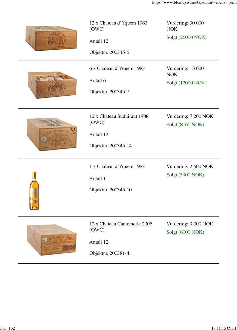 200345-7 Vurdering: 15 000 NOK Solgt (12000 NOK) 12 x Chateau Suduiraut 1988 (OWC) Vurdering: 7 200 NOK Solgt (8160