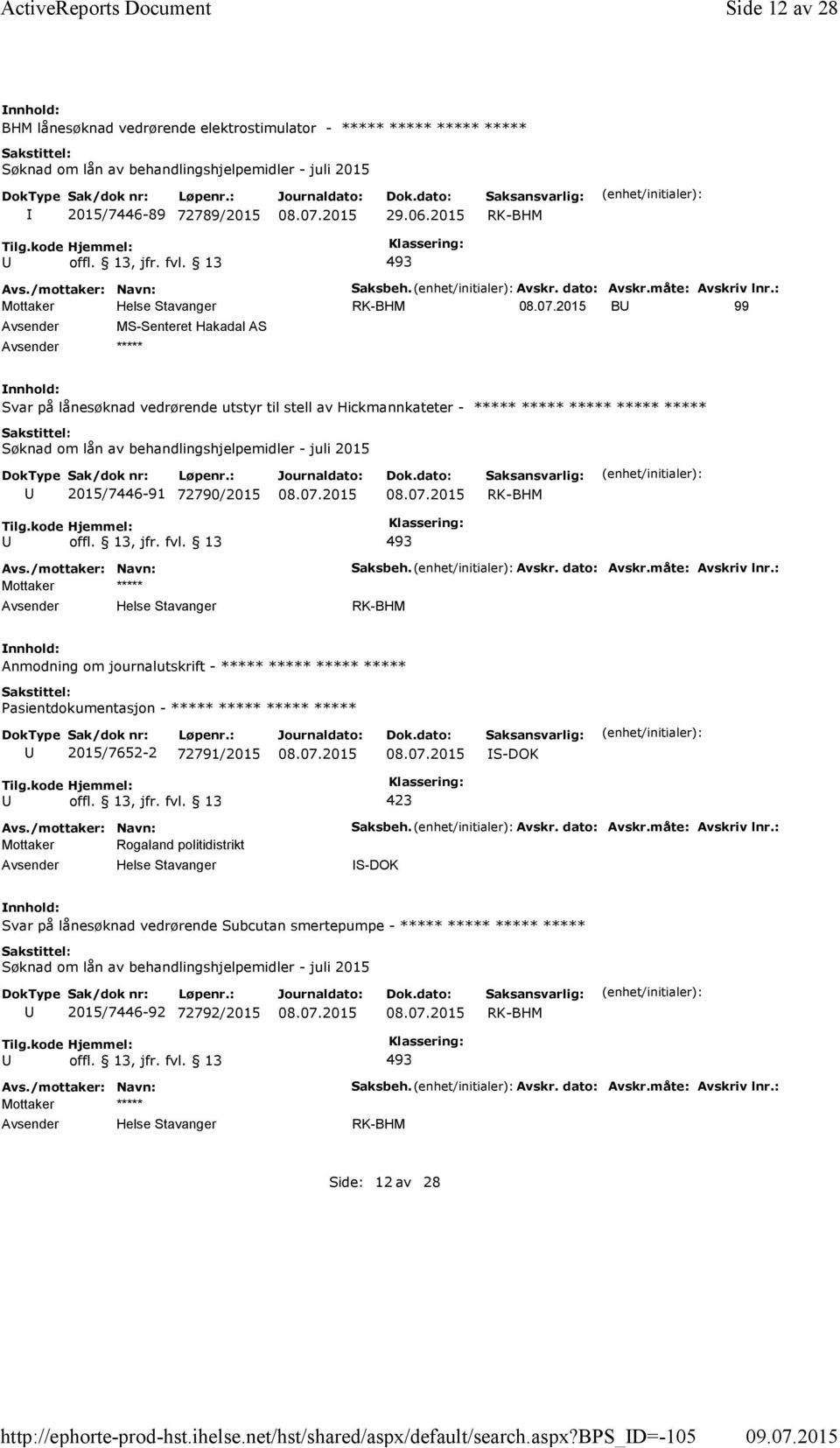 : B 99 MS-Senteret Hakadal AS ***** Svar på lånesøknad vedrørende utstyr til stell av Hickmannkateter - ***** ***** ***** ***** ***** 2015/7446-91 72790/2015 Saksbeh.