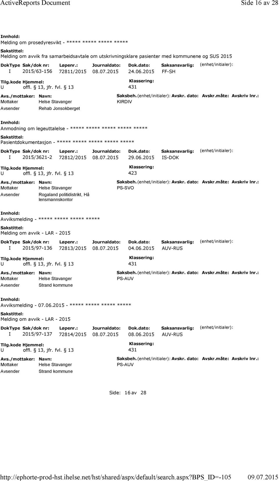 bps_d=-105 Side 16 av 28 Melding om prosedyresvikt - ***** ***** ***** ***** Melding om avvik fra samarbeidsavtale om utskrivningsklare pasienter med kommunene og SS 2015 2015/63-156 72811/2015 24.06.