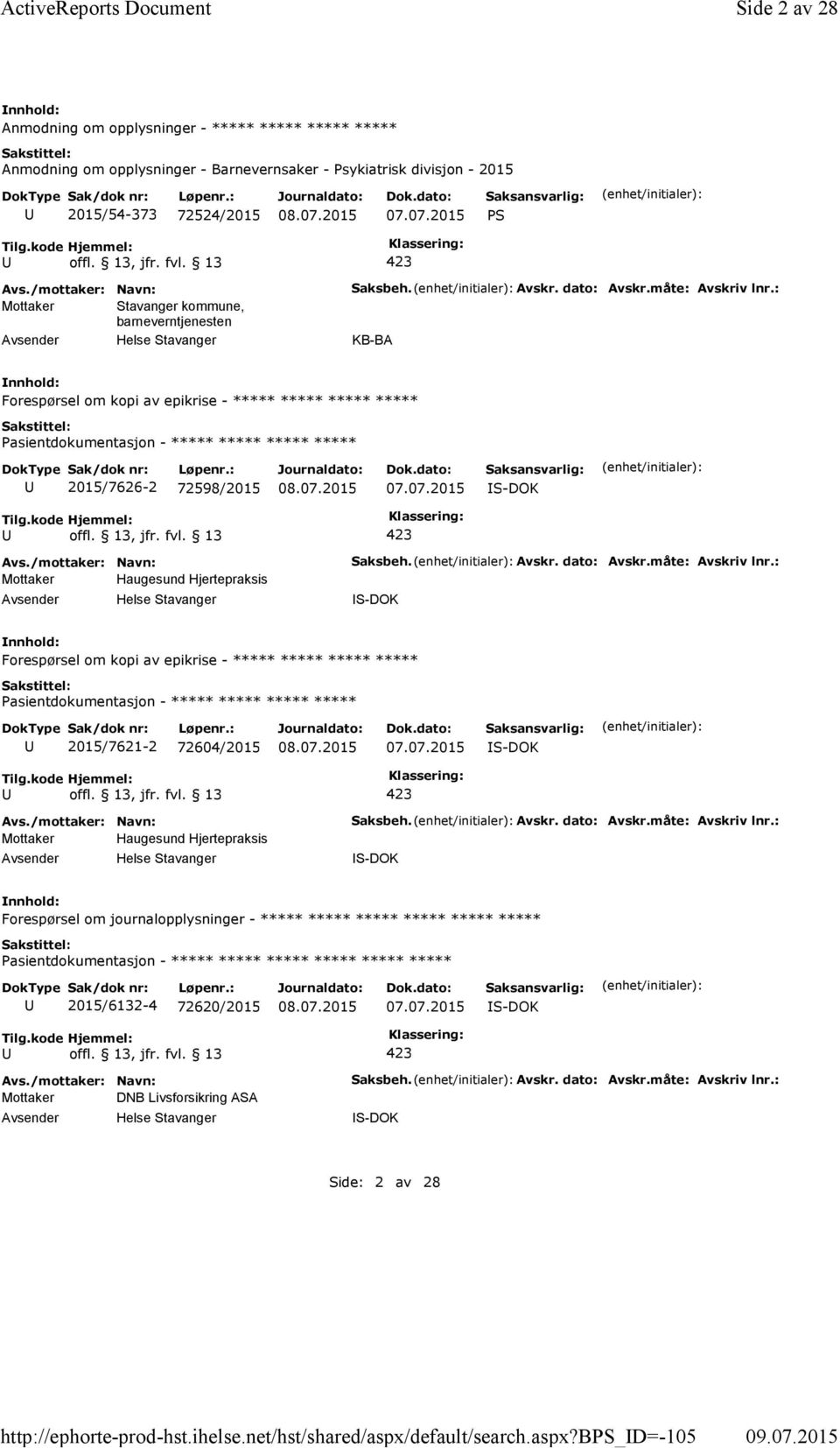 07.2015 PS Mottaker Stavanger kommune, barneverntjenesten Saksbeh. Avskr. dato: Avskr.måte: Avskriv lnr.: KB-BA Forespørsel om kopi av epikrise - ***** ***** ***** ***** 2015/7626-2 72598/2015 07.07.2015 S-DOK Mottaker Haugesund Hjertepraksis Saksbeh.