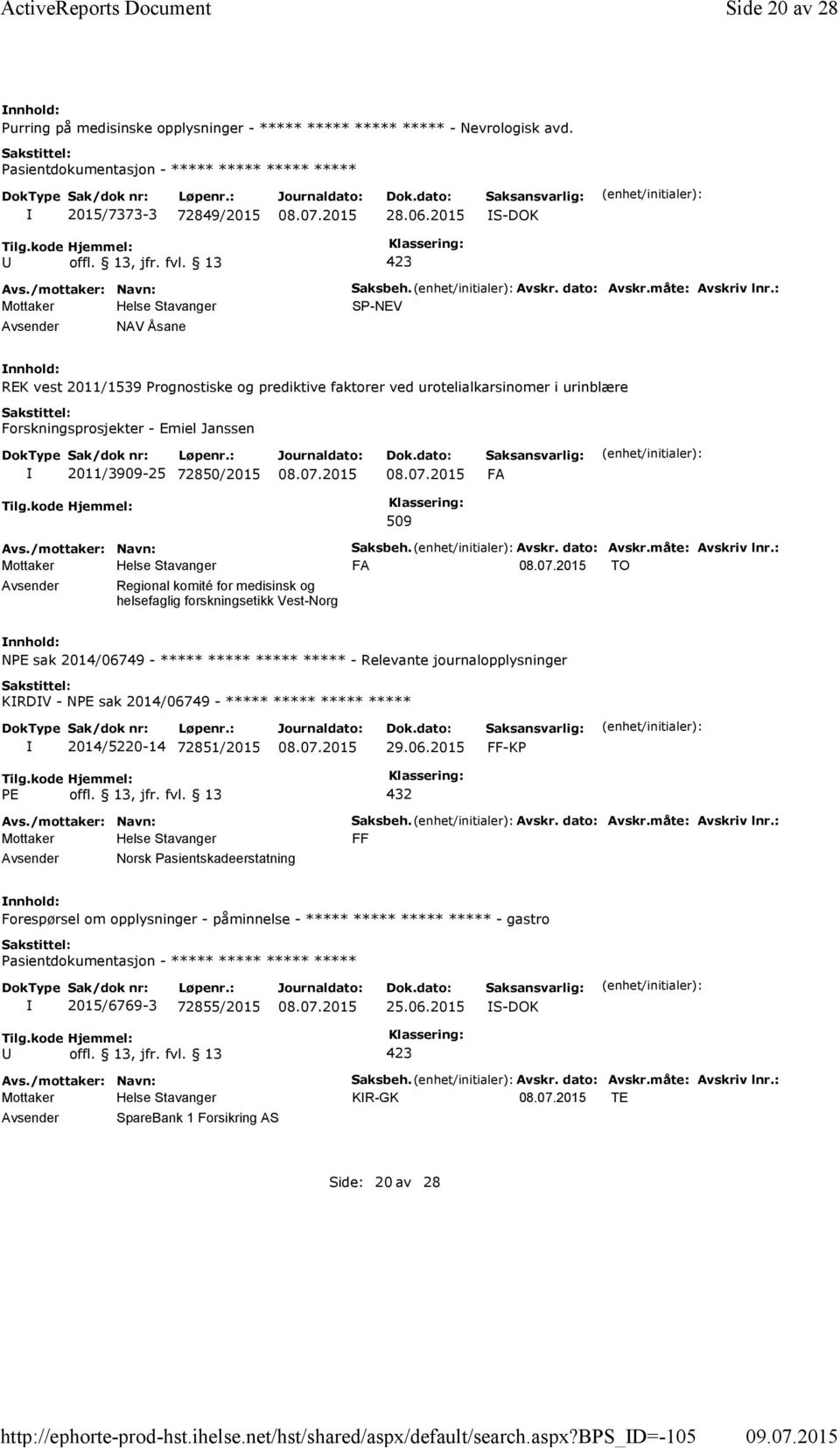 : SP-NEV REK vest 2011/1539 Prognostiske og prediktive faktorer ved urotelialkarsinomer i urinblære Forskningsprosjekter - Emiel Janssen 2011/3909-25 72850/2015 FA Tilg.