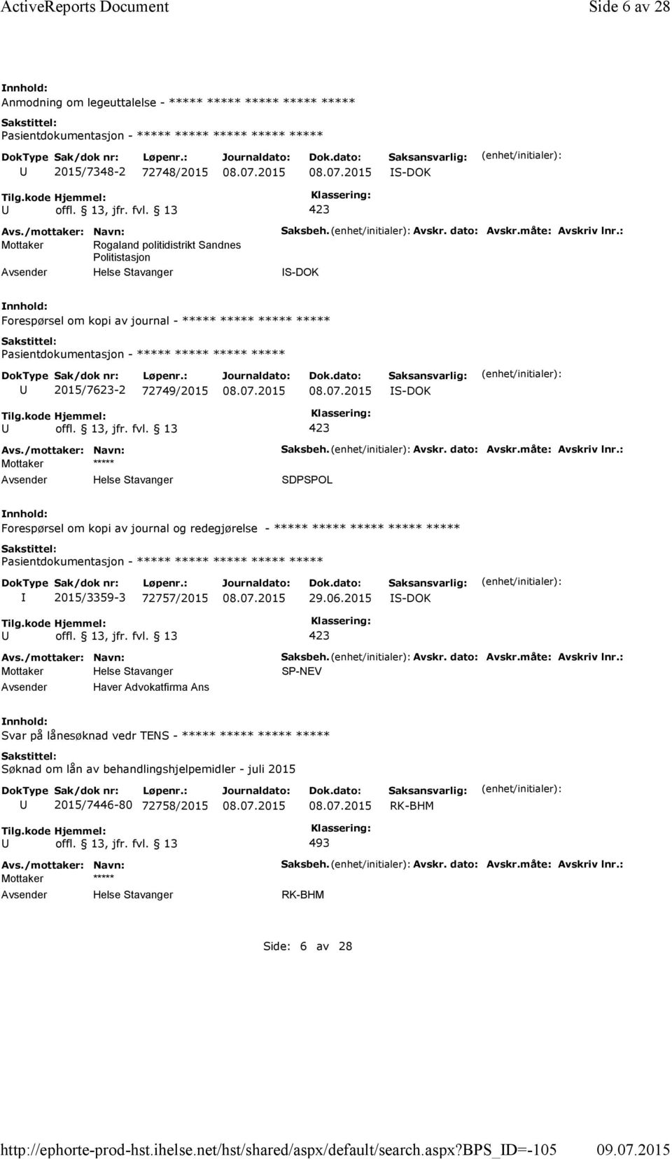 bps_d=-105 Side 6 av 28 Anmodning om legeuttalelse - ***** ***** ***** ***** ***** ***** 2015/7348-2 72748/2015 S-DOK Mottaker Rogaland politidistrikt Sandnes Politistasjon Saksbeh. Avskr.