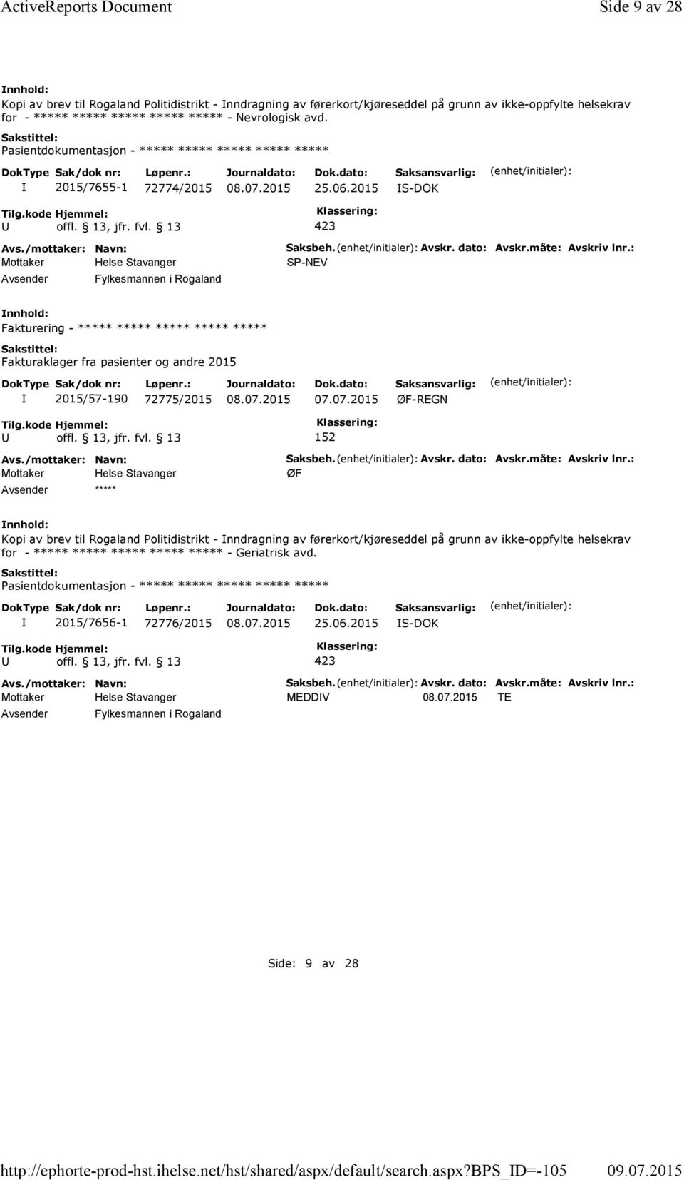 bps_d=-105 Side 9 av 28 Kopi av brev til Rogaland Politidistrikt - nndragning av førerkort/kjøreseddel på grunn av ikke-oppfylte helsekrav for - ***** ***** ***** ***** ***** - Nevrologisk avd.