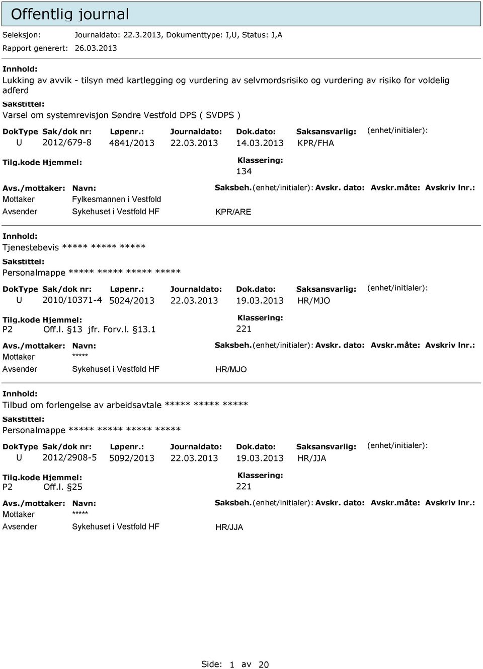 ( SVDPS ) 2012/679-8 4841/2013 14.03.2013 KPR/FHA 134 Avs./mottaker: Navn: Saksbeh. Avskr. dato: Avskr.måte: Avskriv lnr.