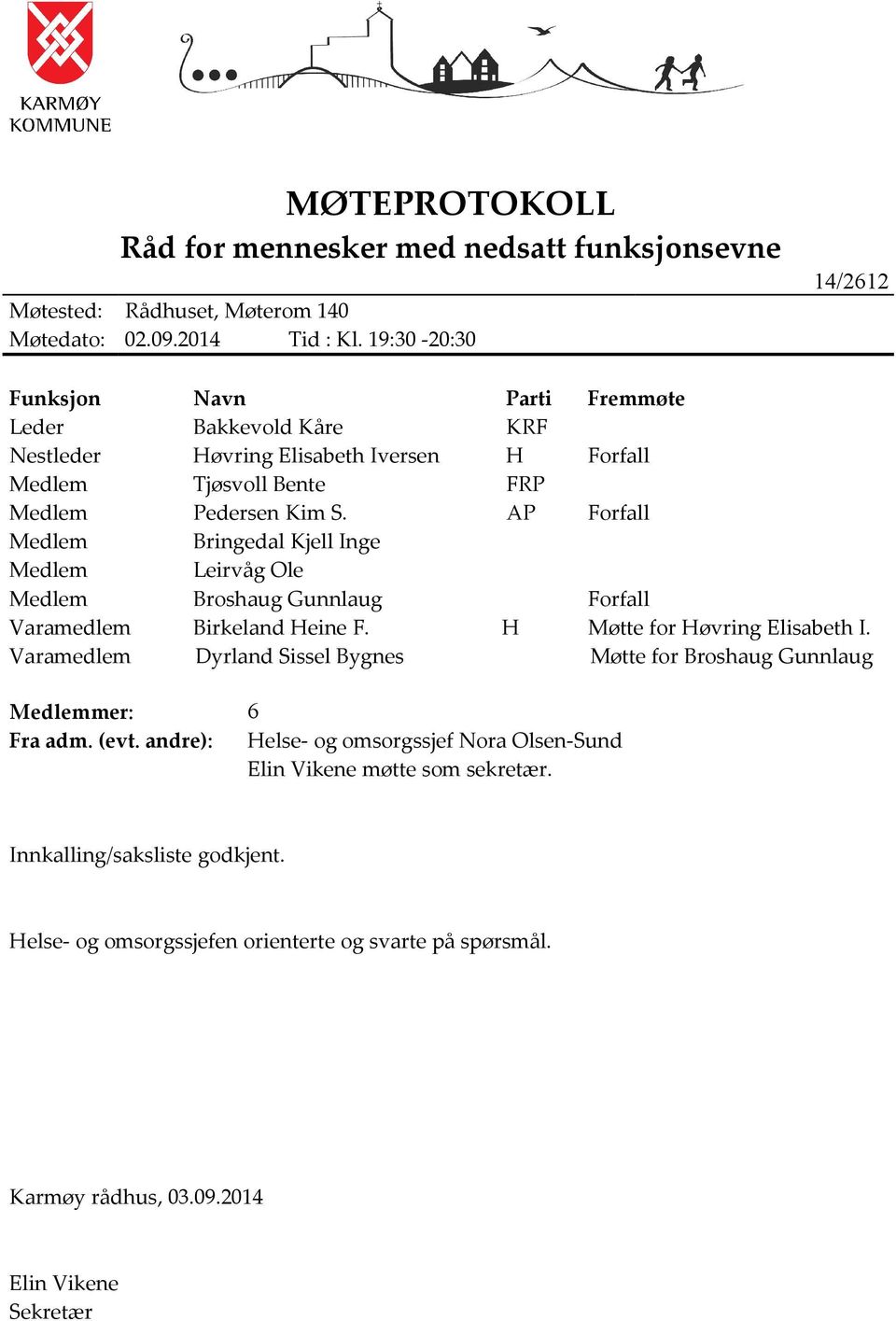 AP Forfall Medlem Bringedal Kjell Inge Medlem Leirvåg Ole Medlem Broshaug Gunnlaug Forfall Varamedlem Birkeland Heine F. H Møtte for Høvring Elisabeth I.