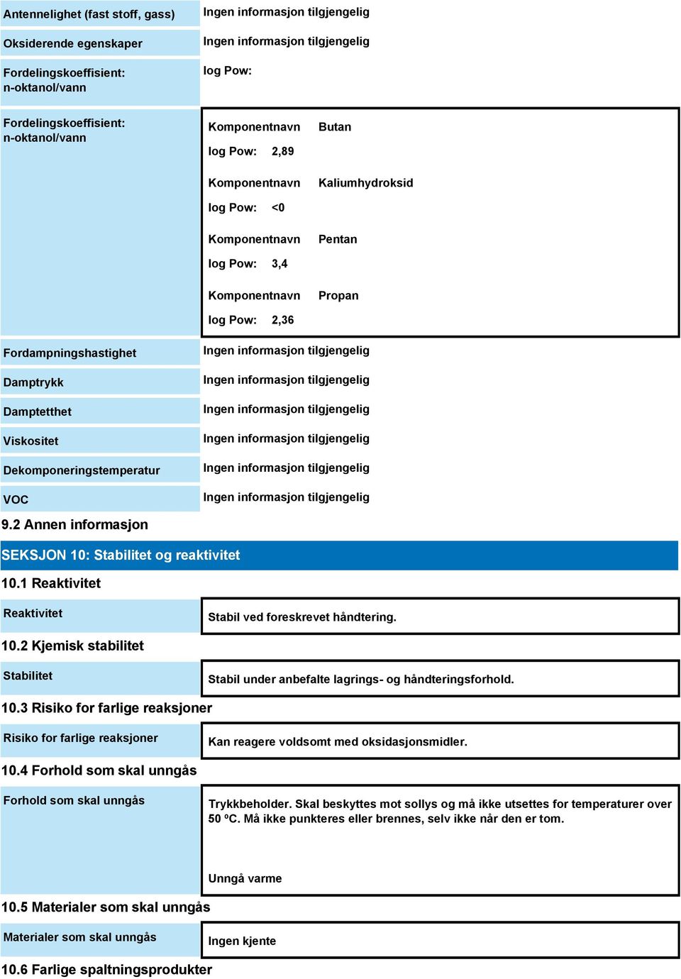 2 Annen informasjon SEKSJON 10: Stabilitet og reaktivitet 10.1 Reaktivitet Reaktivitet Stabil ved foreskrevet håndtering. 10.2 Kjemisk stabilitet Stabilitet Stabil under anbefalte lagrings- og håndteringsforhold.