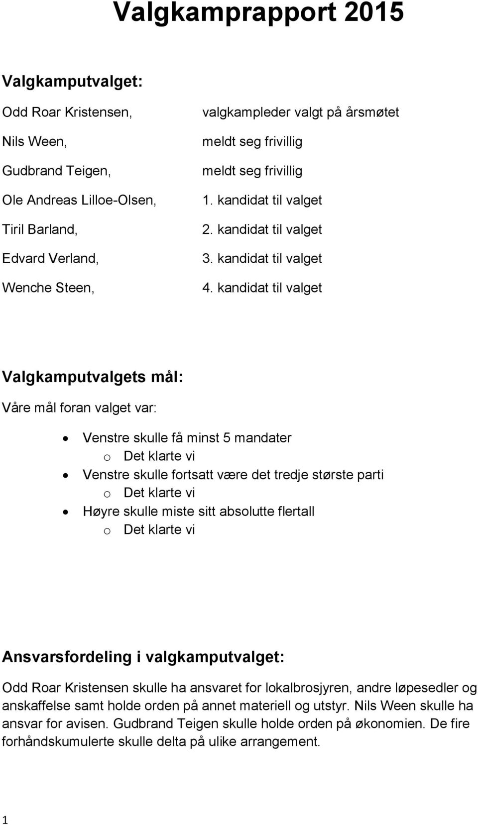 kandidat til valget Valgkamputvalgets mål: Våre mål foran valget var: Venstre skulle få minst 5 mandater o Det klarte vi Venstre skulle fortsatt være det tredje største parti o Det klarte vi Høyre