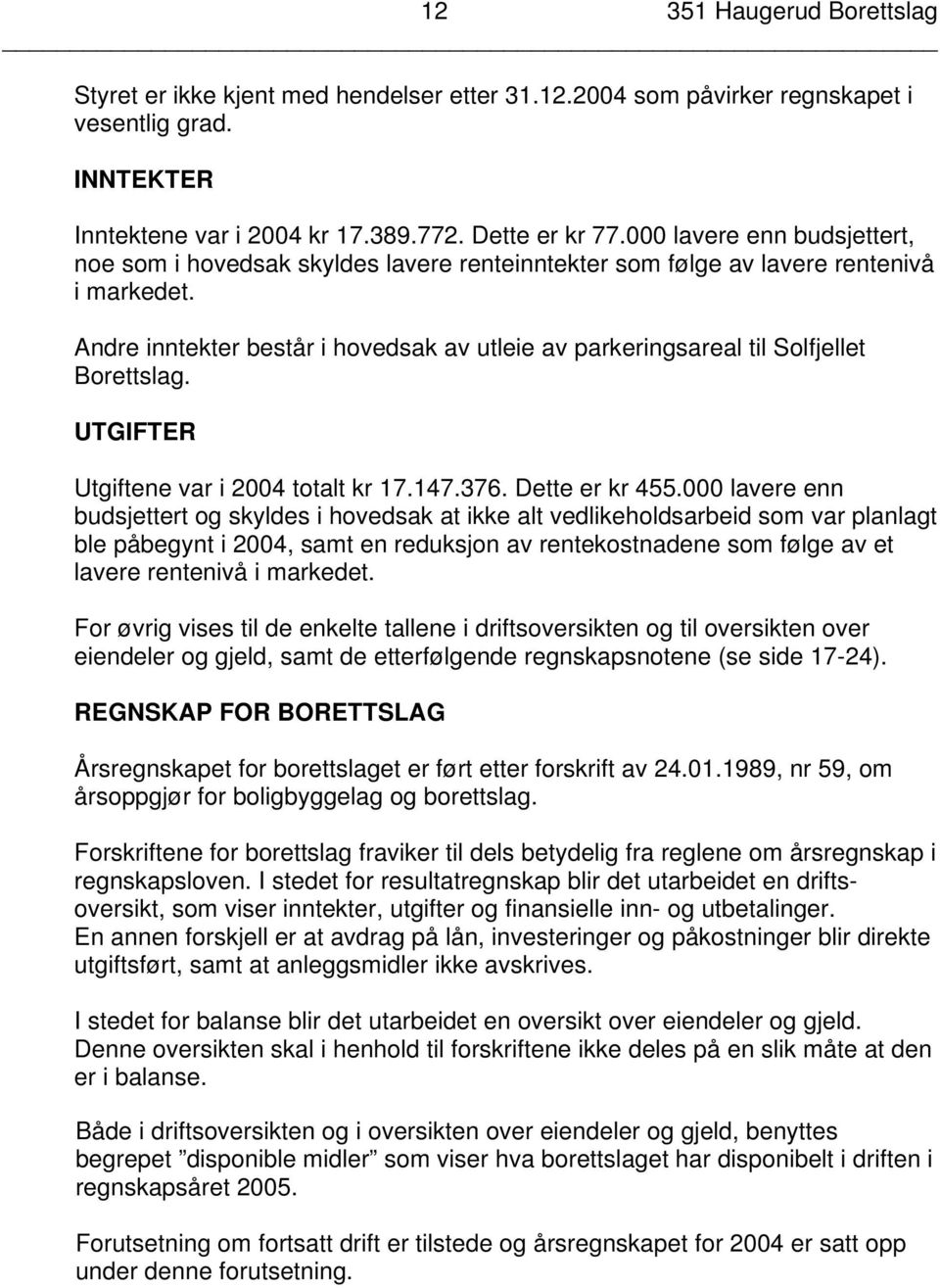 Andre inntekter består i hovedsak av utleie av parkeringsareal til Solfjellet Borettslag. UTGIFTER Utgiftene var i 2004 totalt kr 17.147.376. Dette er kr 455.