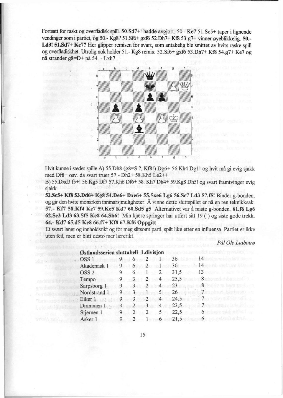 g7+ Ke7 og nå strander g8=d+ på 54. - Lxh7. a b c d e f g h Hvit kunne i stedet spille A) 55Dh8 (g8=s?, Kf8!) Dg6+ 56Kh4 Dgl! og hvit må gi evig sjakk med DfB+ osv. da svart truer 57.- Dh2+ 58.