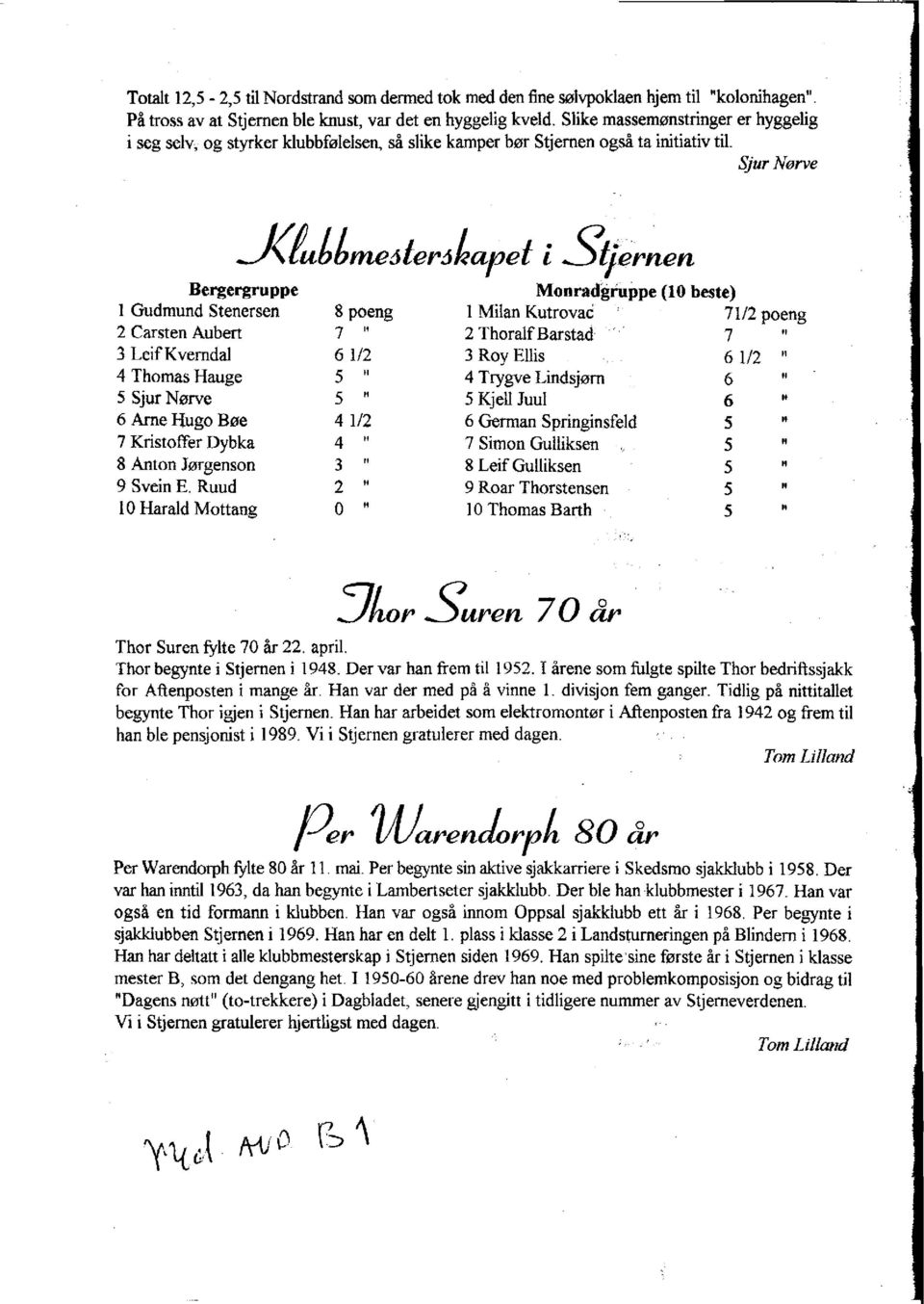 Sjur Nørve ^Jdubbmeöterdhapet ipet i stjernen Sti Bergergruppe 1 Gudmund Stenersen 8 poeng 2 Carsten Aubert 7 " 3 Leif Kverndal 6 1/2 4 Thomas Hauge 5 " 5 Sjur Nørve 5 " 6 Arne Hugo Bøe 4 1/2 7