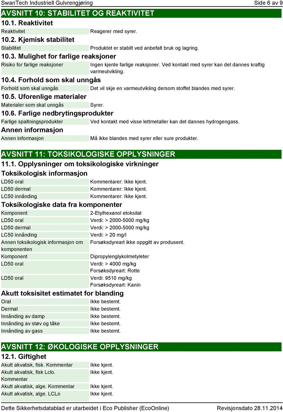 Ved kontakt med syrer kan det dannes kraftig varmeutvikling. 10.4. Forhold som skal unngås Forhold som skal unngås Det vil skje en varmeutvikling dersom stoffet blandes med syrer. 10.5.