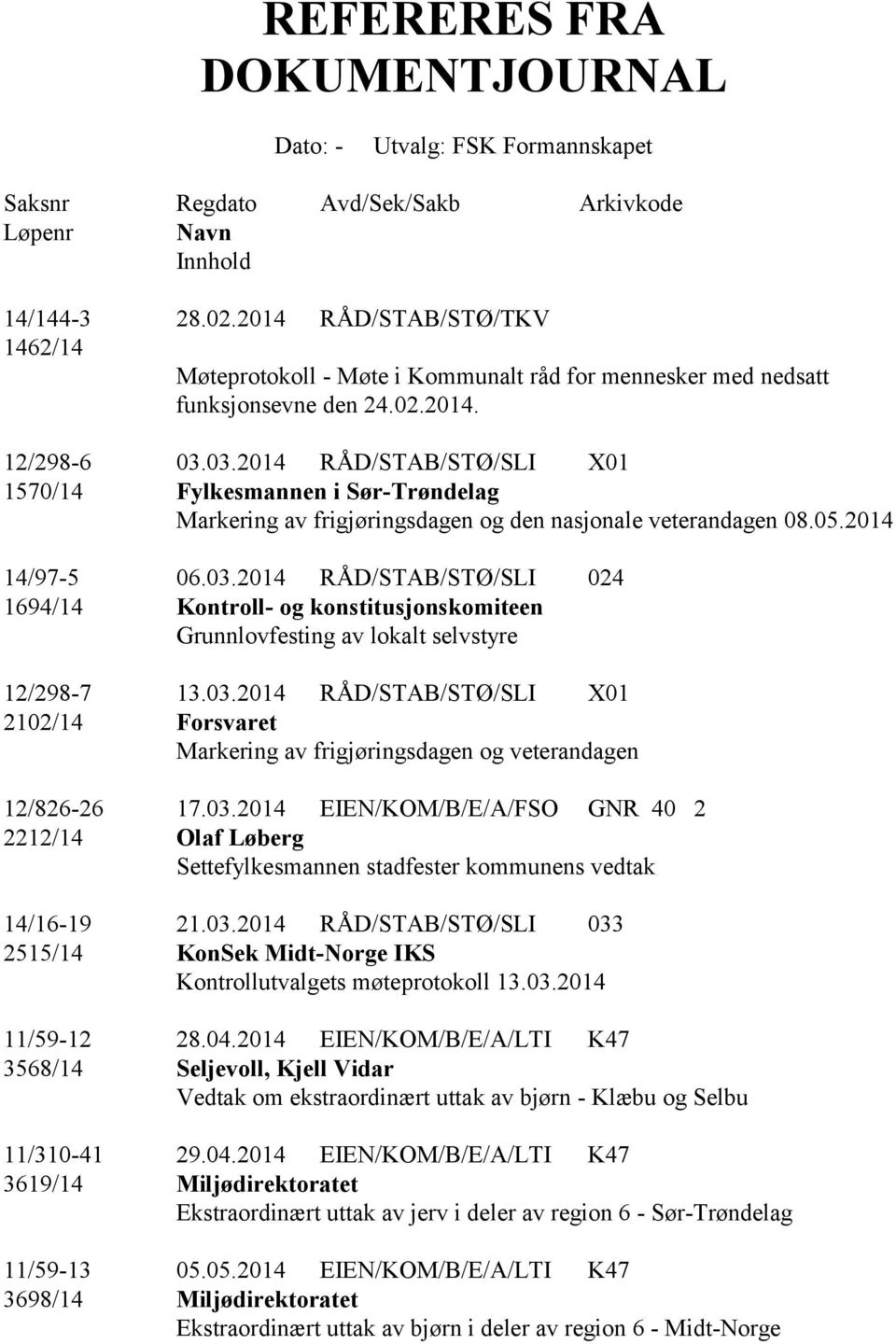 03.2014 RÅD/STAB/STØ/SLI X01 1570/14 Fylkesmannen i Sør-Trøndelag Markering av frigjøringsdagen og den nasjonale veterandagen 08.05.2014 14/97-5 06.03.2014 RÅD/STAB/STØ/SLI 024 1694/14 Kontroll- og konstitusjonskomiteen Grunnlovfesting av lokalt selvstyre 12/298-7 13.