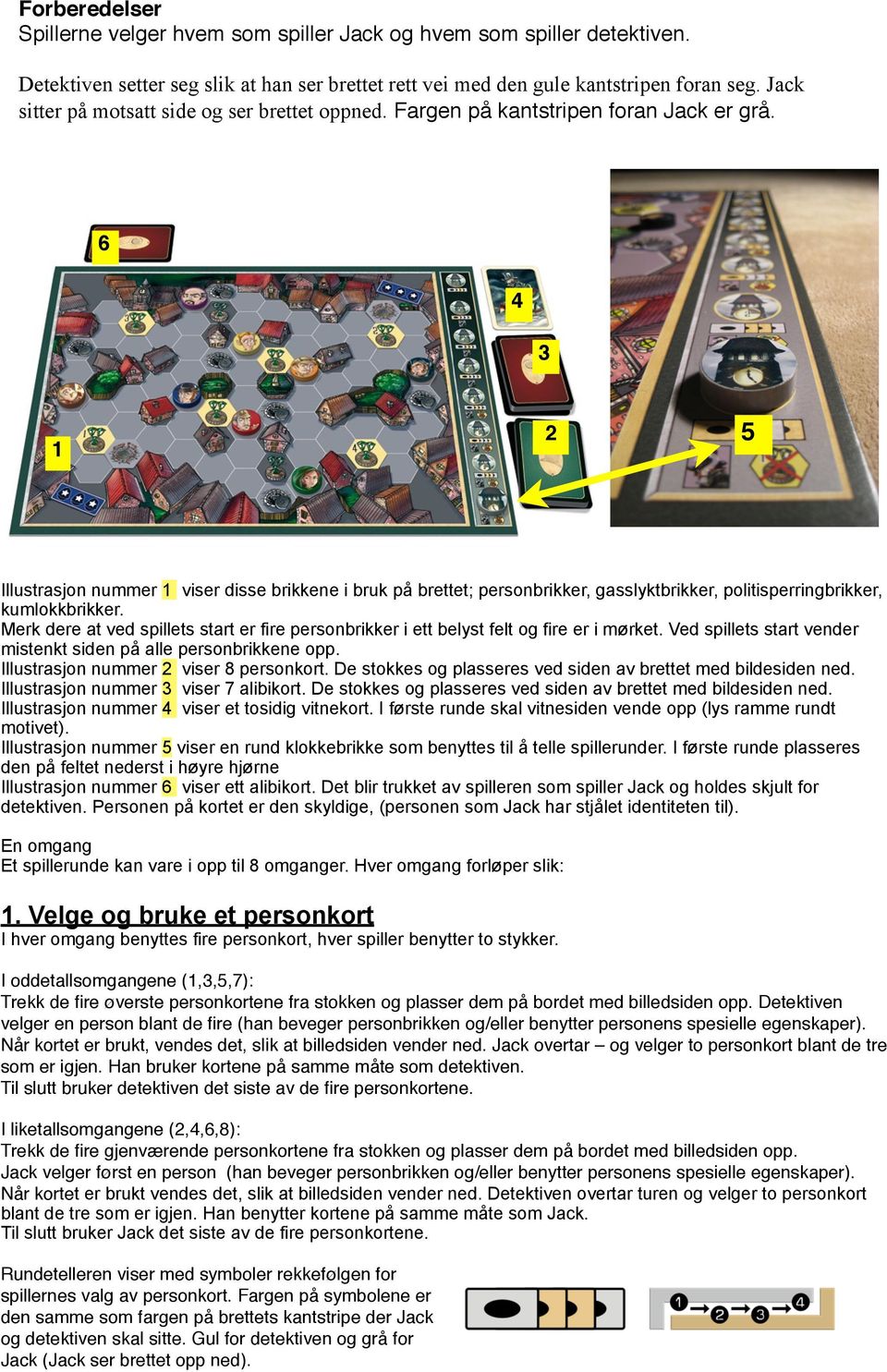 6 4 3 1 2 5 Illustrasjon nummer 1 viser disse brikkene i bruk på brettet; personbrikker, gasslyktbrikker, politisperringbrikker, kumlokkbrikker.