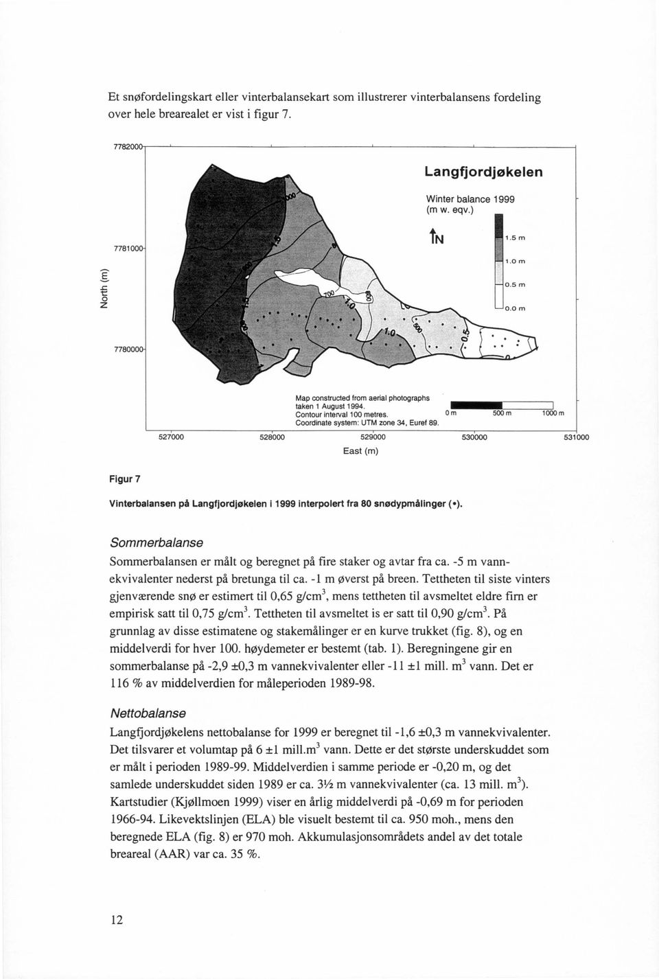 Om SOOm 1000m 527000 528000 529000 East (m) 530000 531000 Figur 7 Vinterbalansen på Langfjordjøkelen 11999 Interpolert fra 80 snødypmålinger (e).