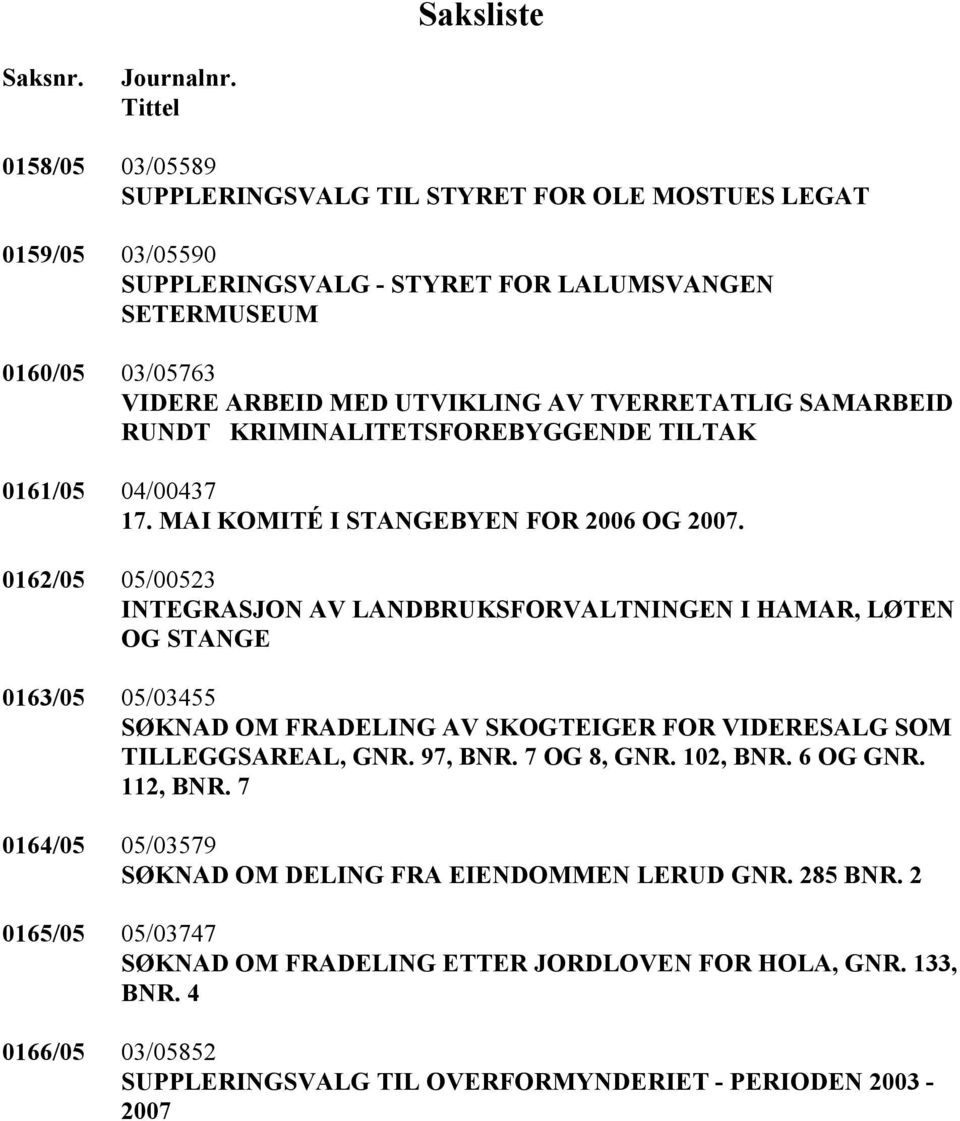 TVERRETATLIG SAMARBEID RUNDT KRIMINALITETSFOREBYGGENDE TILTAK 0161/05 04/00437 17. MAI KOMITÉ I STANGEBYEN FOR 2006 OG 2007.