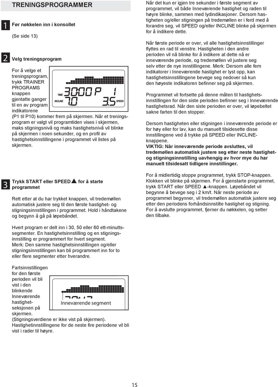 Når et treningsprogram er valgt vil programtiden vises i skjermen, maks stigningsnivå og maks hastighetsnivå vil blinke på skjermen i noen sekunder, og en profil av hastighetsinnstillingene i