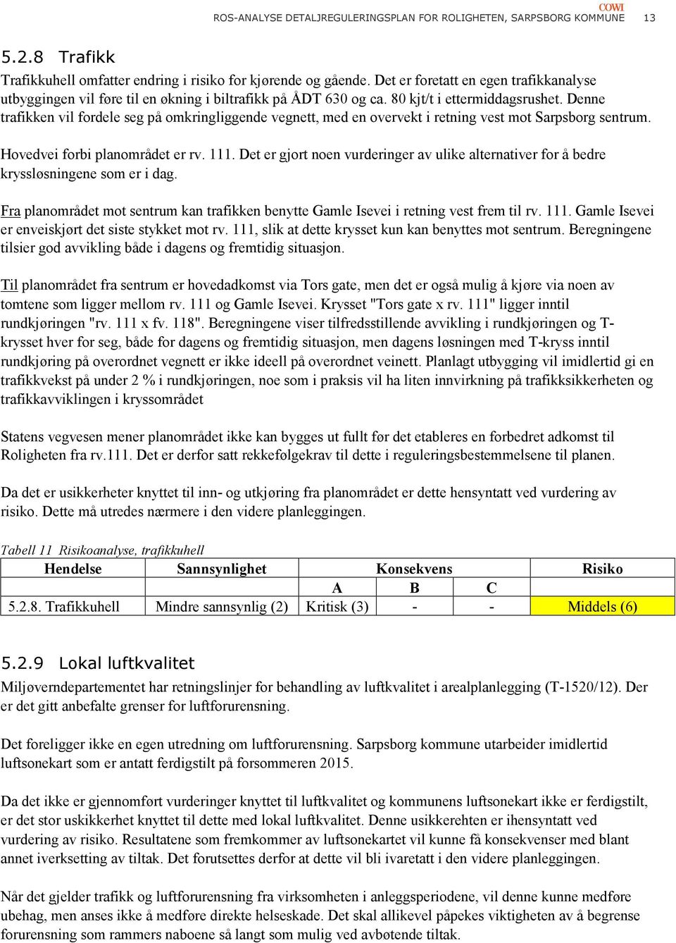 Denne trafikken vil fordele seg på omkringliggende vegnett, med en overvekt i retning vest mot Sarpsborg sentrum. Hovedvei forbi planområdet er rv. 111.