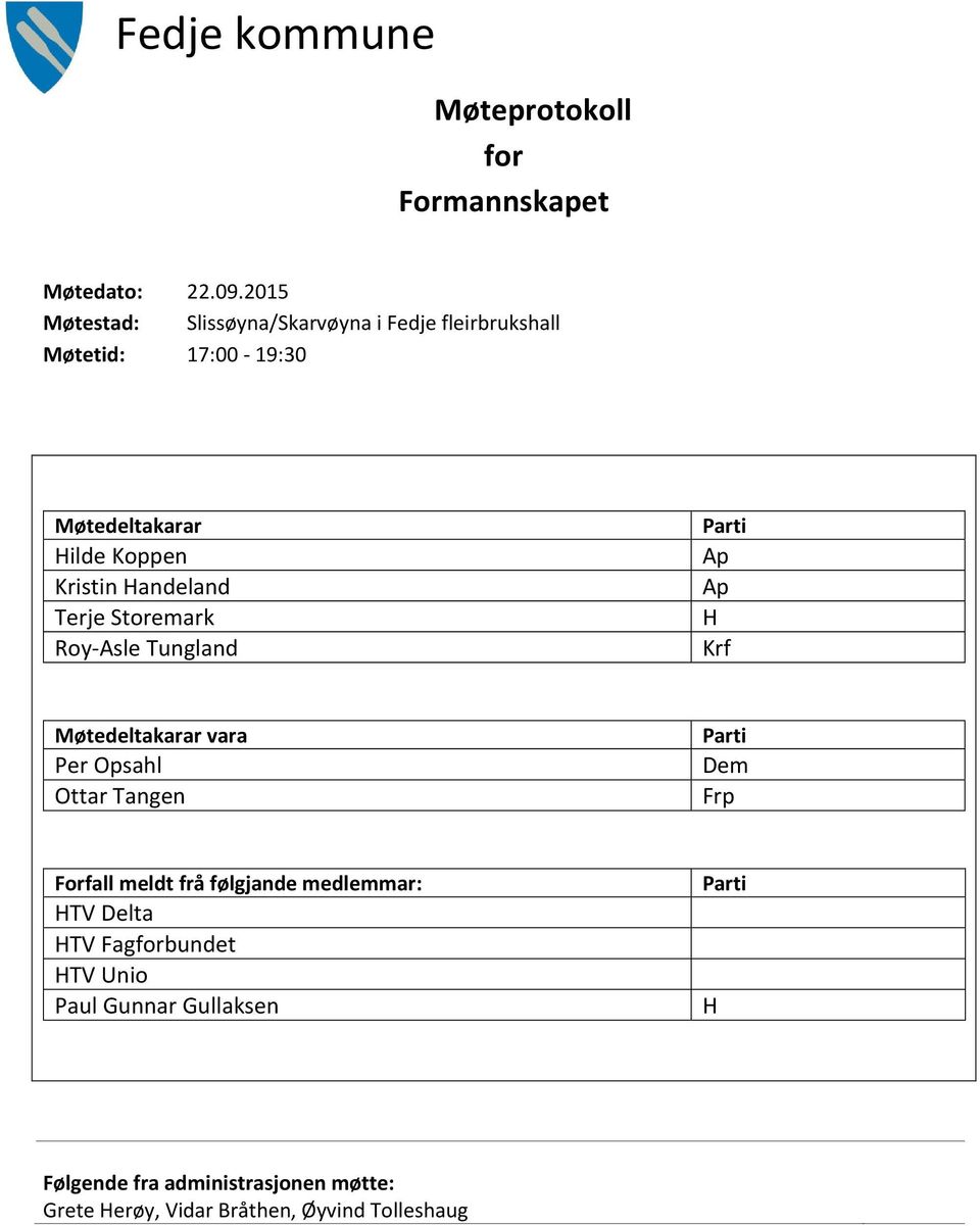 Handeland Terje Storemark Roy-Asle Tungland Parti Ap Ap H Krf Møtedeltakarar vara Per Opsahl Ottar Tangen Parti Dem Frp