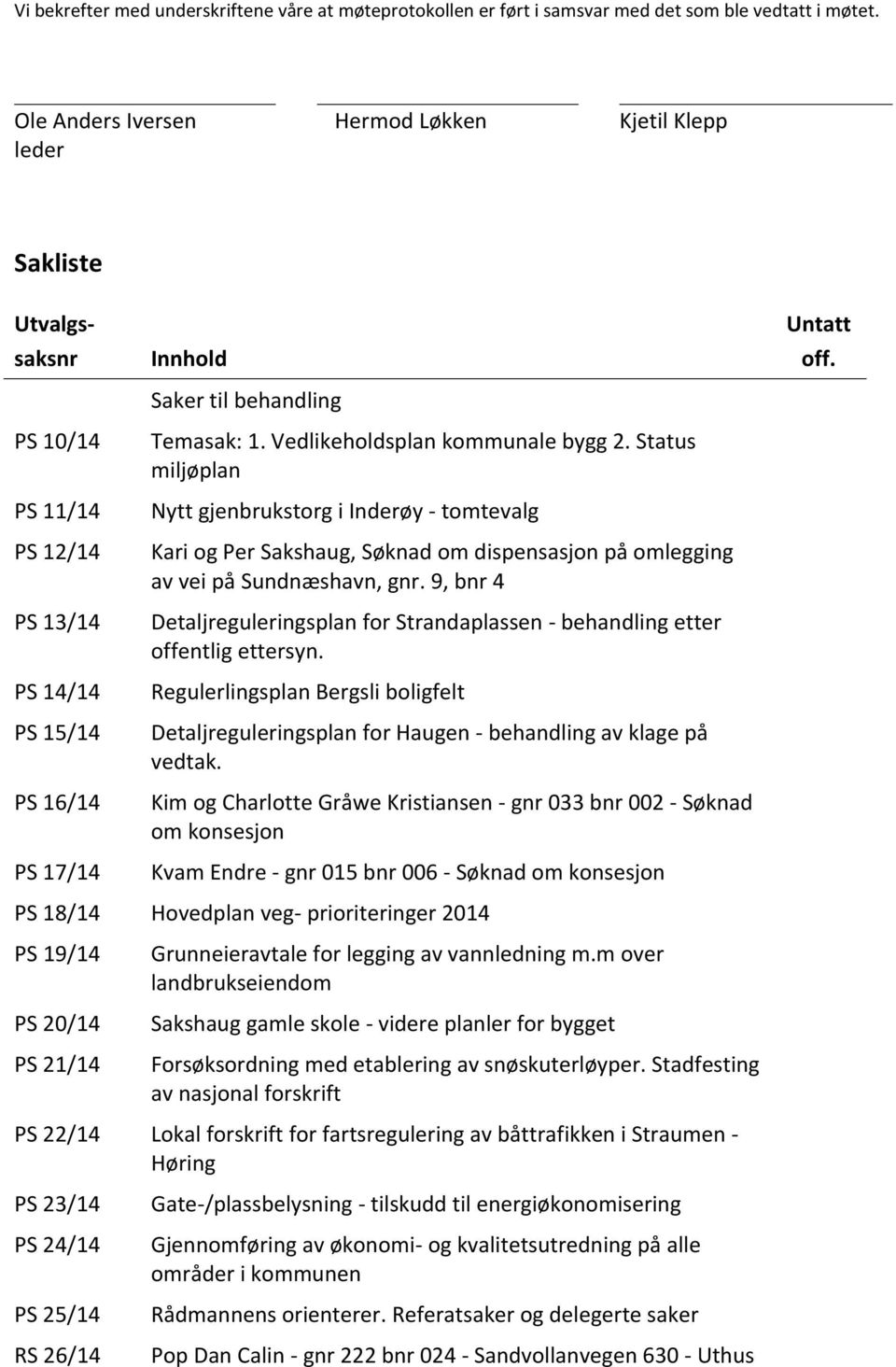 Vedlikeholdsplan kommunale bygg 2. Status miljøplan Nytt gjenbrukstorg i Inderøy - tomtevalg Kari og Per Sakshaug, Søknad om dispensasjon på omlegging av vei på Sundnæshavn, gnr.