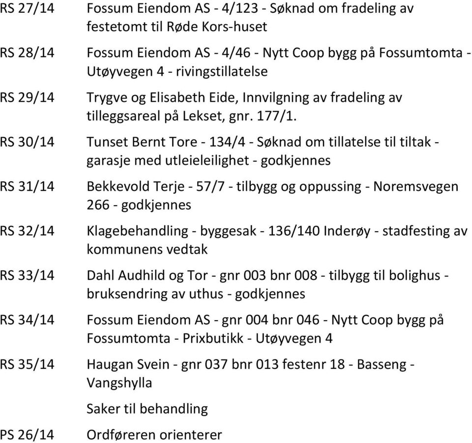 RS 30/14 Tunset Bernt Tore - 134/4 - Søknad om tillatelse til tiltak - garasje med utleieleilighet - godkjennes RS 31/14 RS 32/14 Bekkevold Terje - 57/7 - tilbygg og oppussing - Noremsvegen 266 -