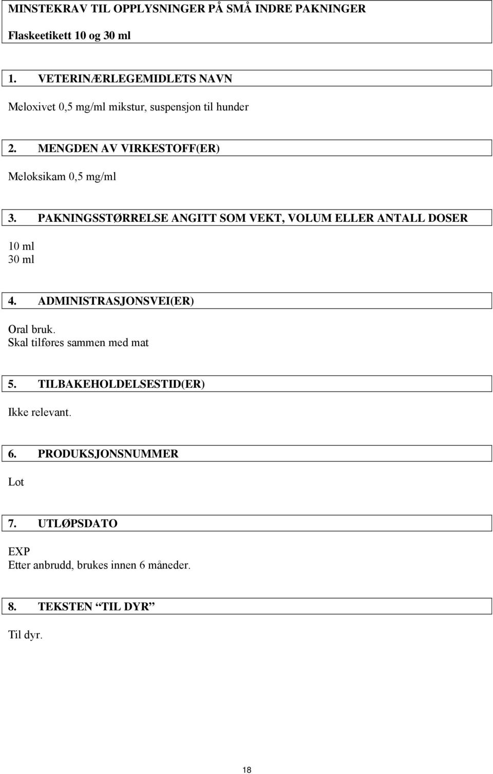 MENGDEN AV VIRKESTOFF(ER) Meloksikam 0,5 mg/ml 3. PAKNINGSSTØRRELSE ANGITT SOM VEKT, VOLUM ELLER ANTALL DOSER 10 ml 30 ml 4.
