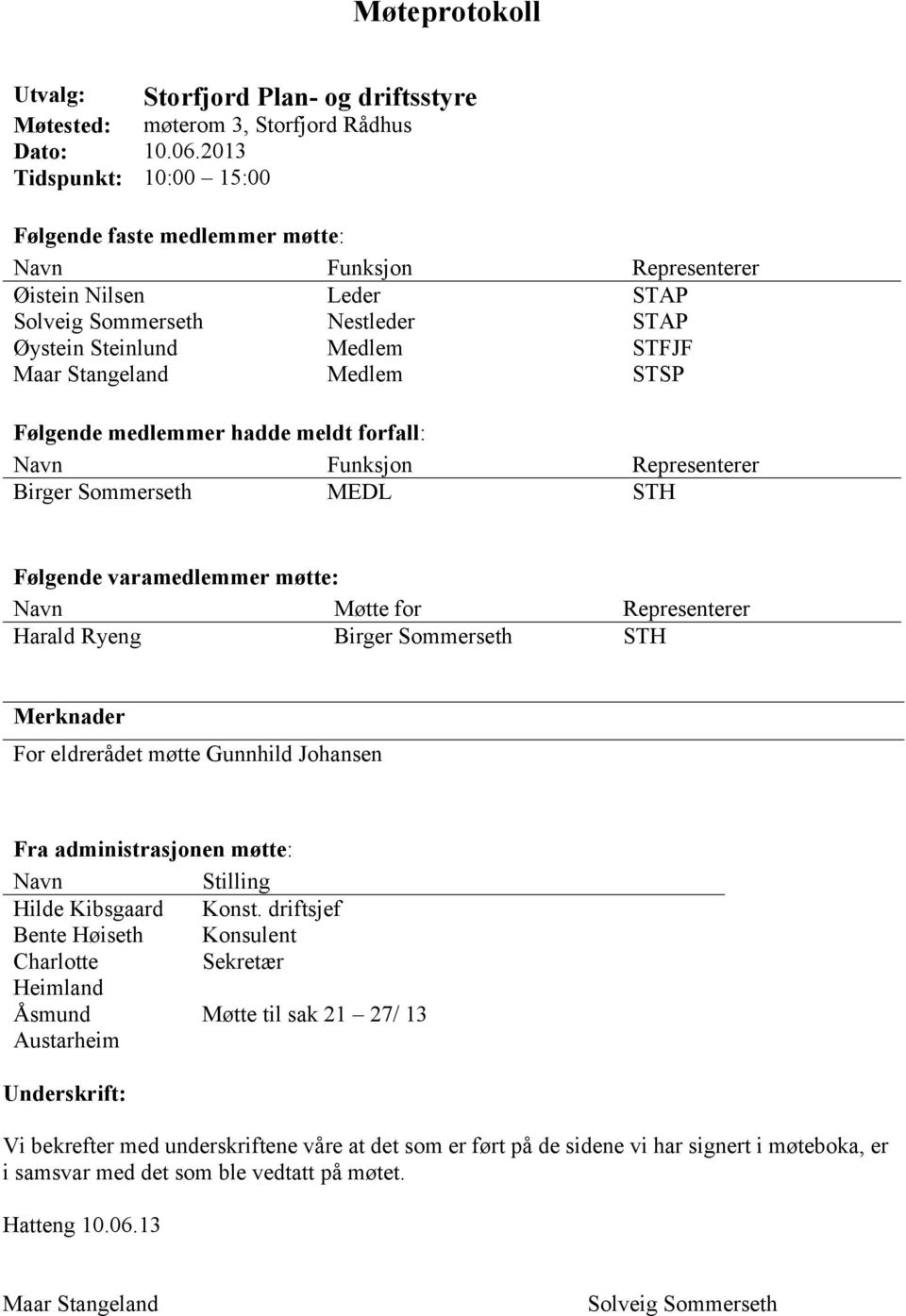 Medlem STSP Følgende medlemmer hadde meldt forfall: Navn Funksjon Representerer Birger Sommerseth MEDL STH Følgende varamedlemmer møtte: Navn Møtte for Representerer Harald Ryeng Birger Sommerseth